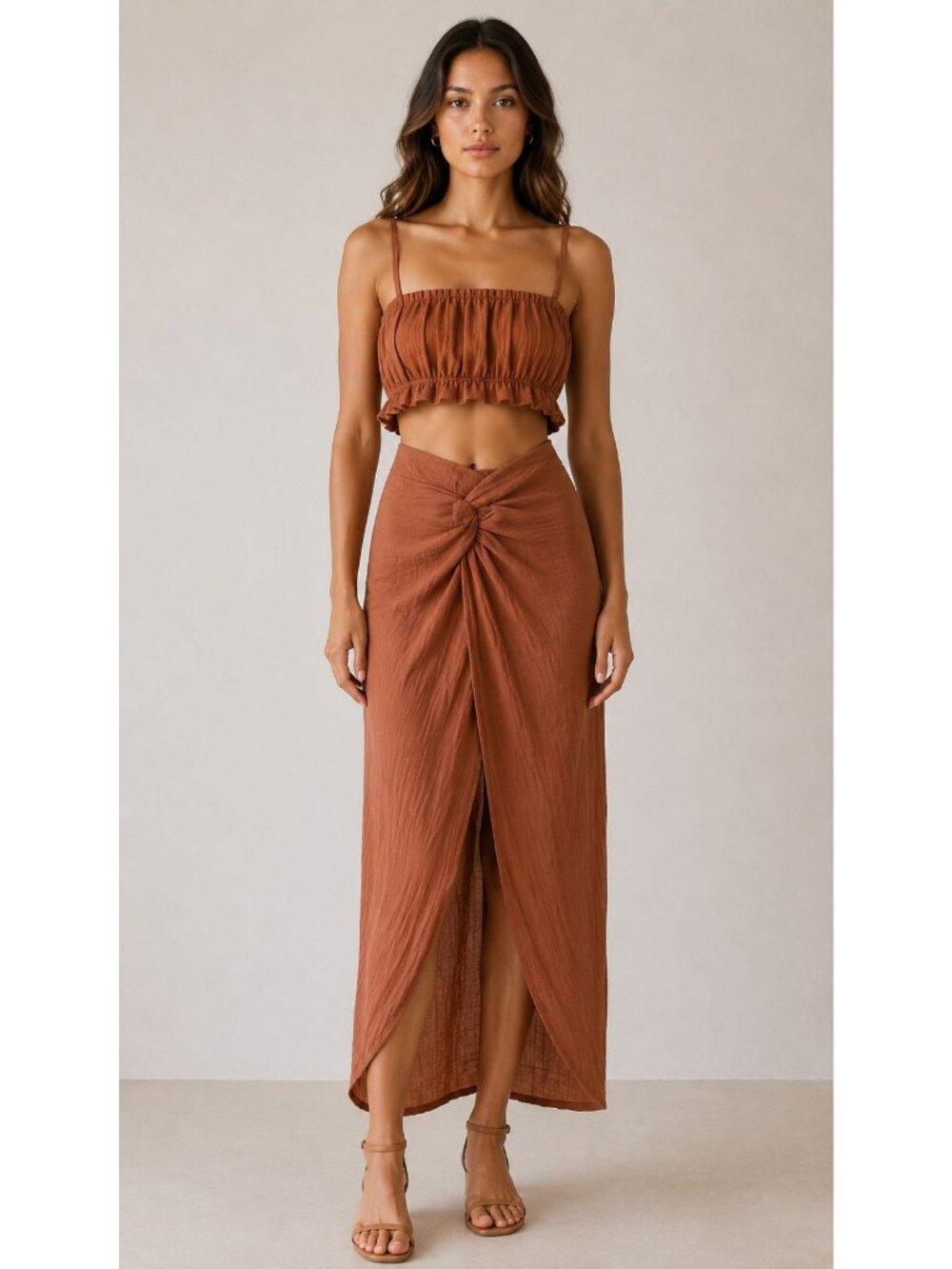 RUMER Mirage Ruched Crop Top & Front Twist Mirage Skirt Set Clay Size Large NWT